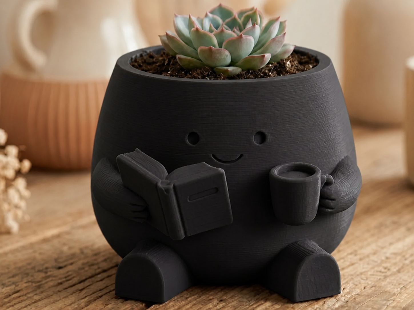 3D Baskı Kitap Okuyan Saksı - Kupa Tutan Sevimli Saksı-Siyah