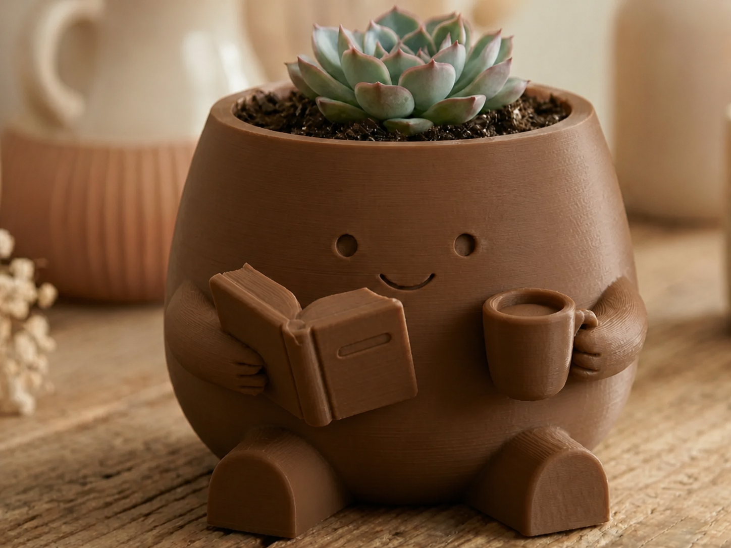 3D Baskı Kitap Okuyan Saksı - Kupa Tutan Sevimli Saksı-Kahverengi