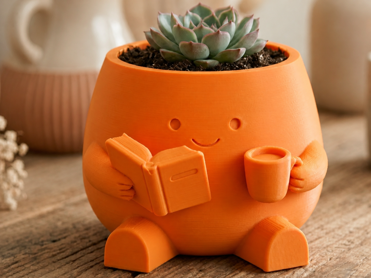 3D Baskı Kitap Okuyan Saksı - Kupa Tutan Sevimli Saksı-Turuncu