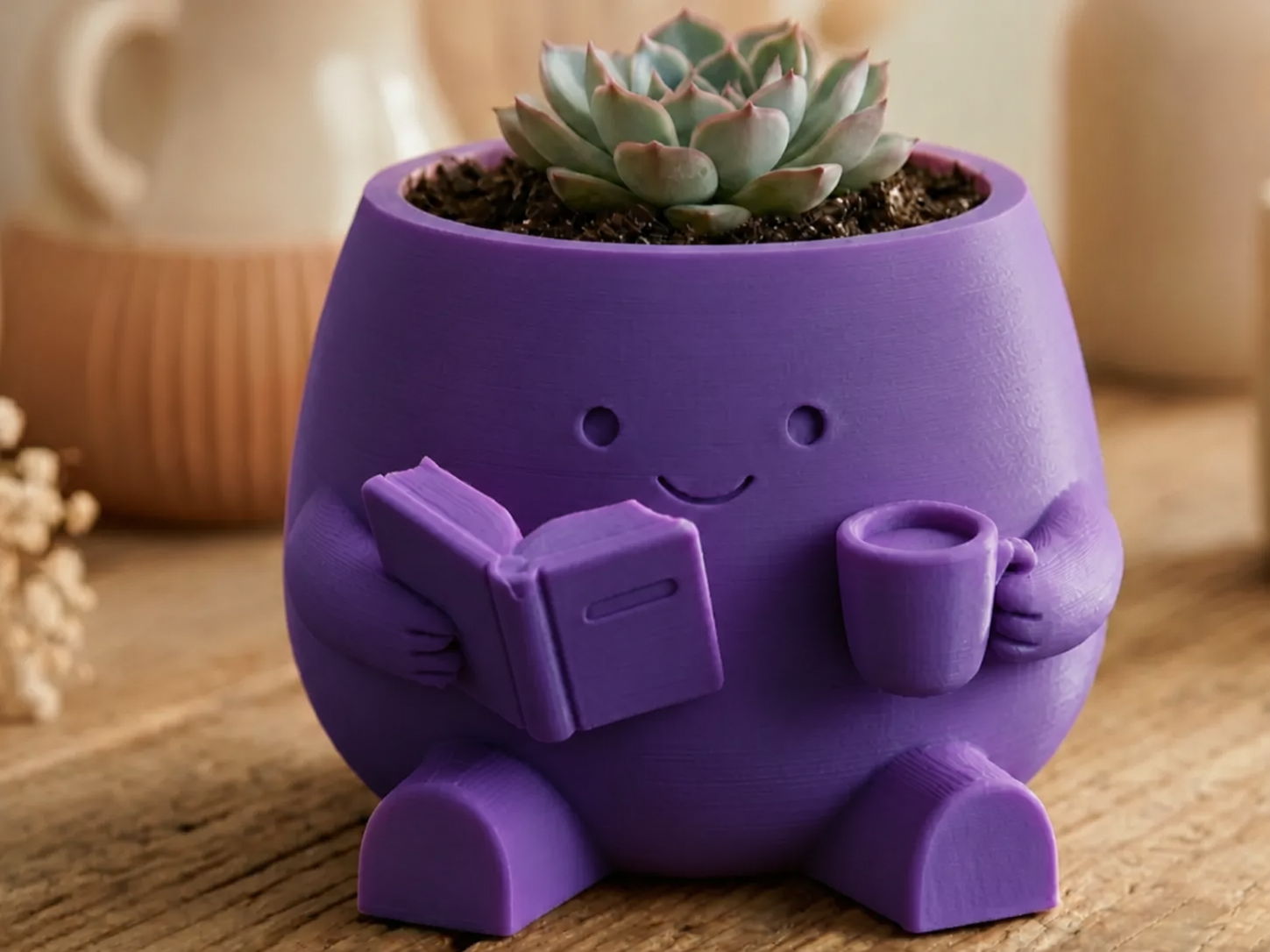 3D Baskı Kitap Okuyan Saksı - Kupa Tutan Sevimli Saksı-Mor