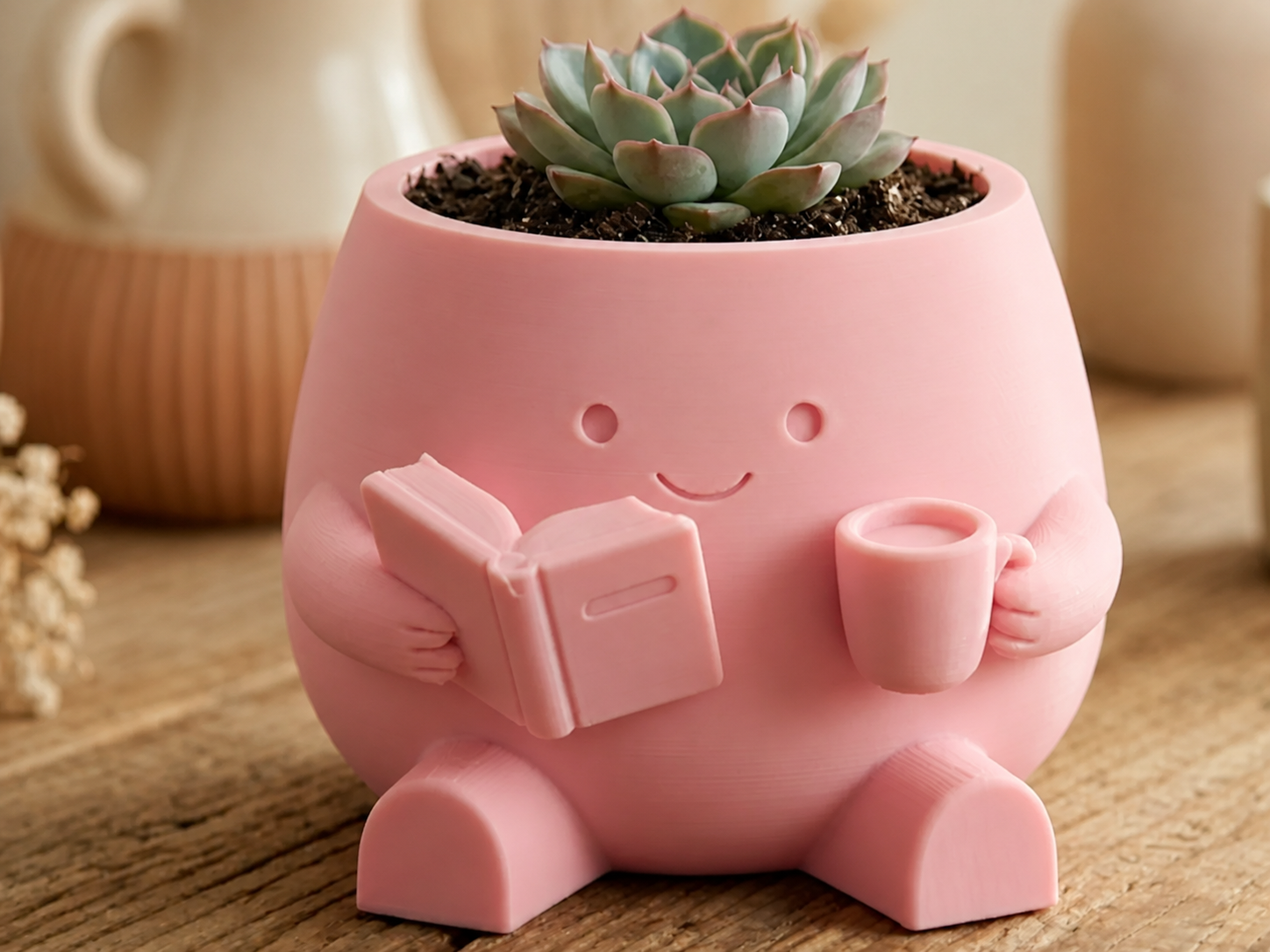 3D Baskı Kitap Okuyan Saksı - Kupa Tutan Sevimli Saksı-Pembe
