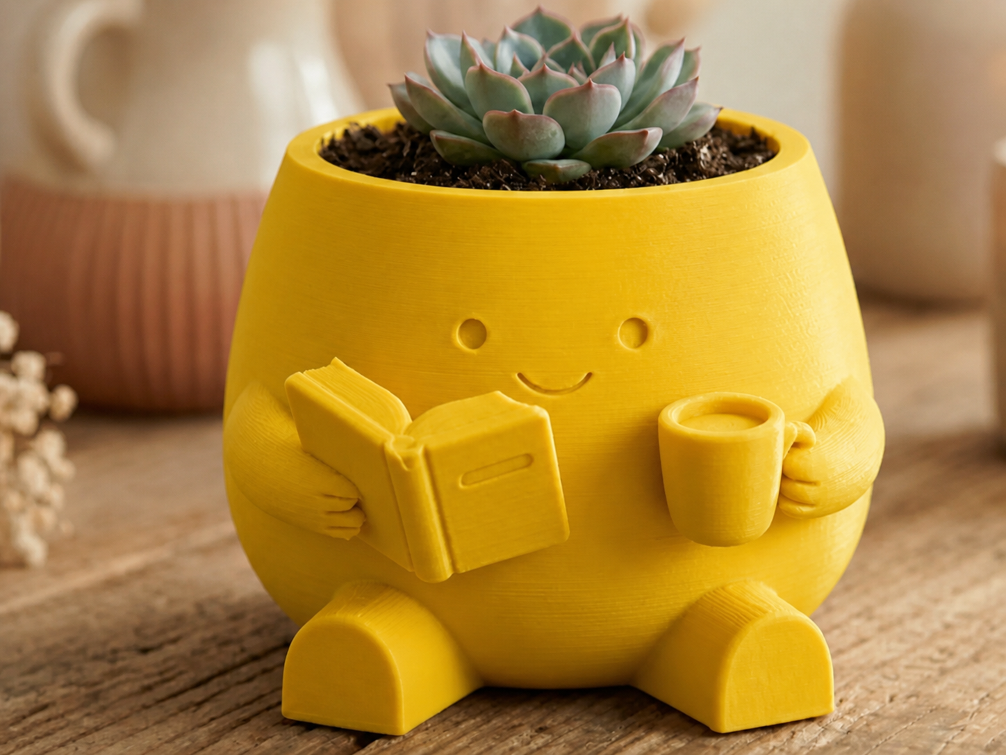 3D Baskı Kitap Okuyan Saksı - Kupa Tutan Sevimli Saksı-Sarı