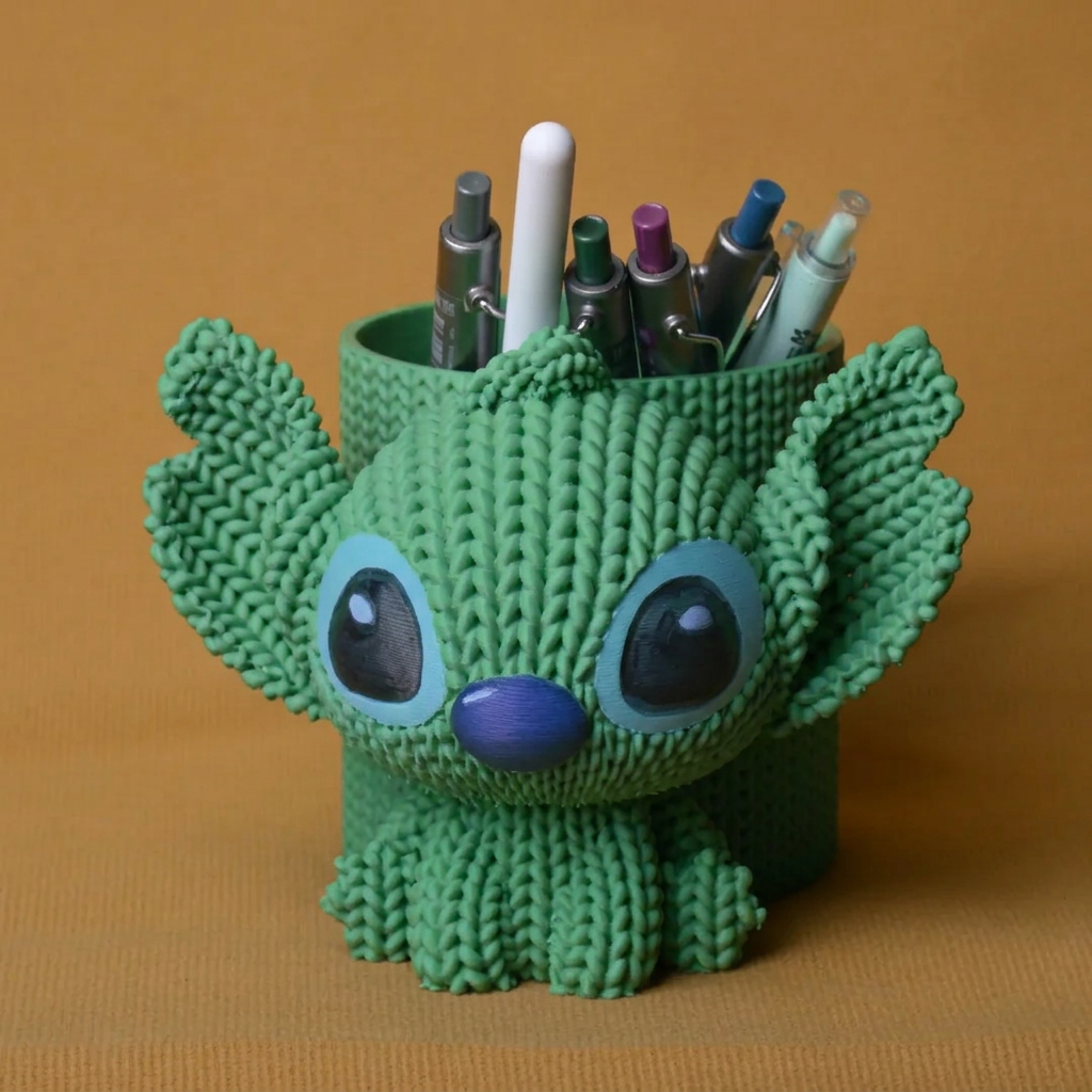 3D Baskı Knitted Kalemlik - Sevimli Karakterli Masaüstü Kalem Organizeri-Yeşil