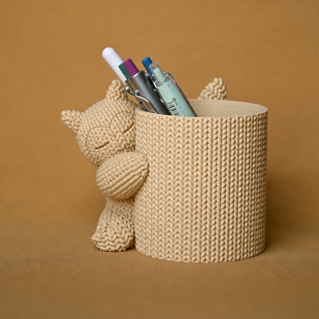 3D Baskı Knitted Kalemlik - Sevimli Karakterli Masaüstü Kalem Organizeri-Bej