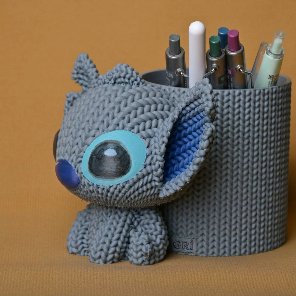 3D Baskı Knitted Kalemlik - Sevimli Karakterli Masaüstü Kalem Organizeri-Gri