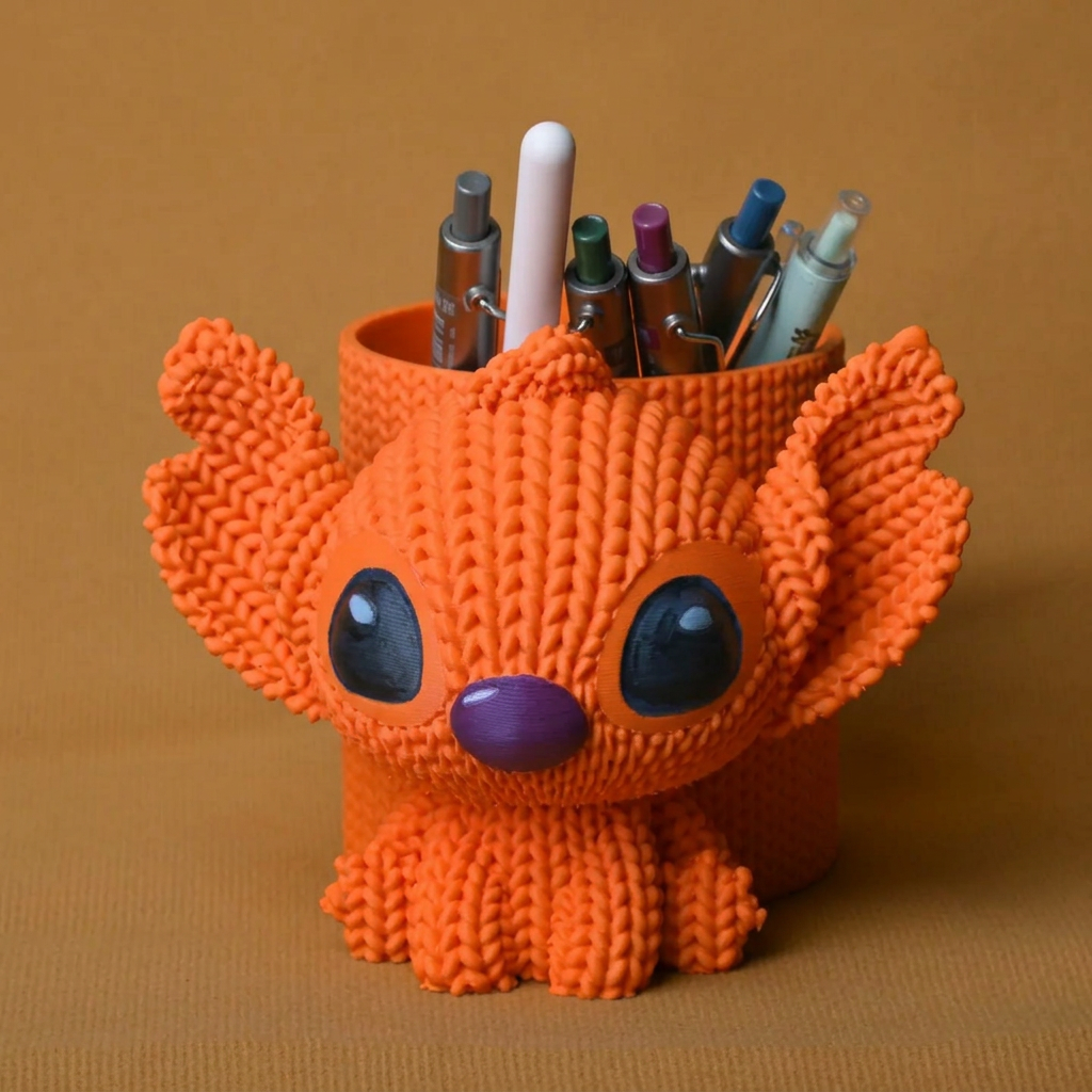 3D Baskı Knitted Kalemlik - Sevimli Karakterli Masaüstü Kalem Organizeri-Turuncu