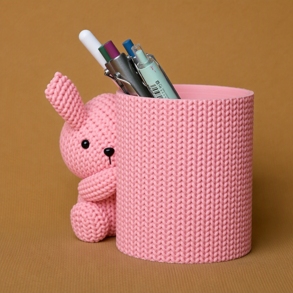 3D Baskı Knitted Kalemlik - Sevimli Karakterli Masaüstü Kalem Organizeri-Pembe