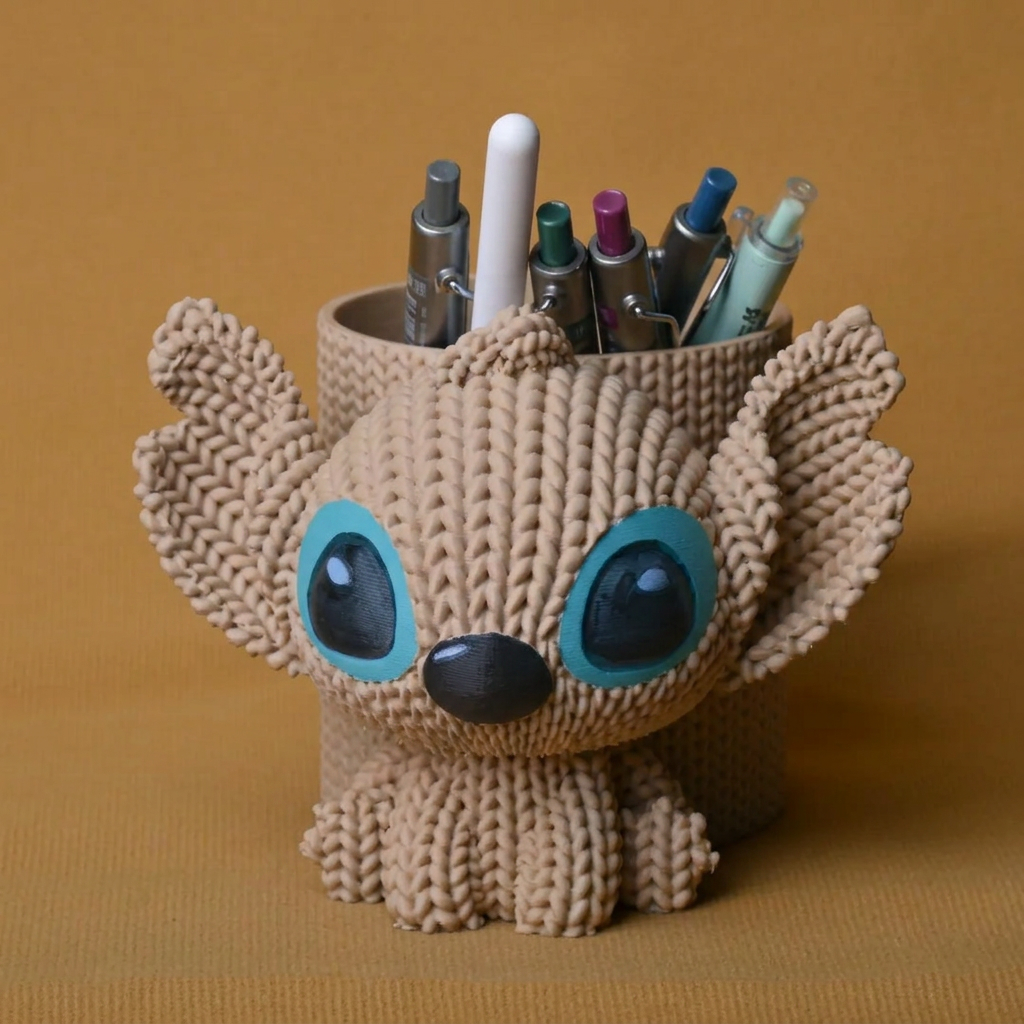 3D Baskı Knitted Kalemlik - Sevimli Karakterli Masaüstü Kalem Organizeri-Bej
