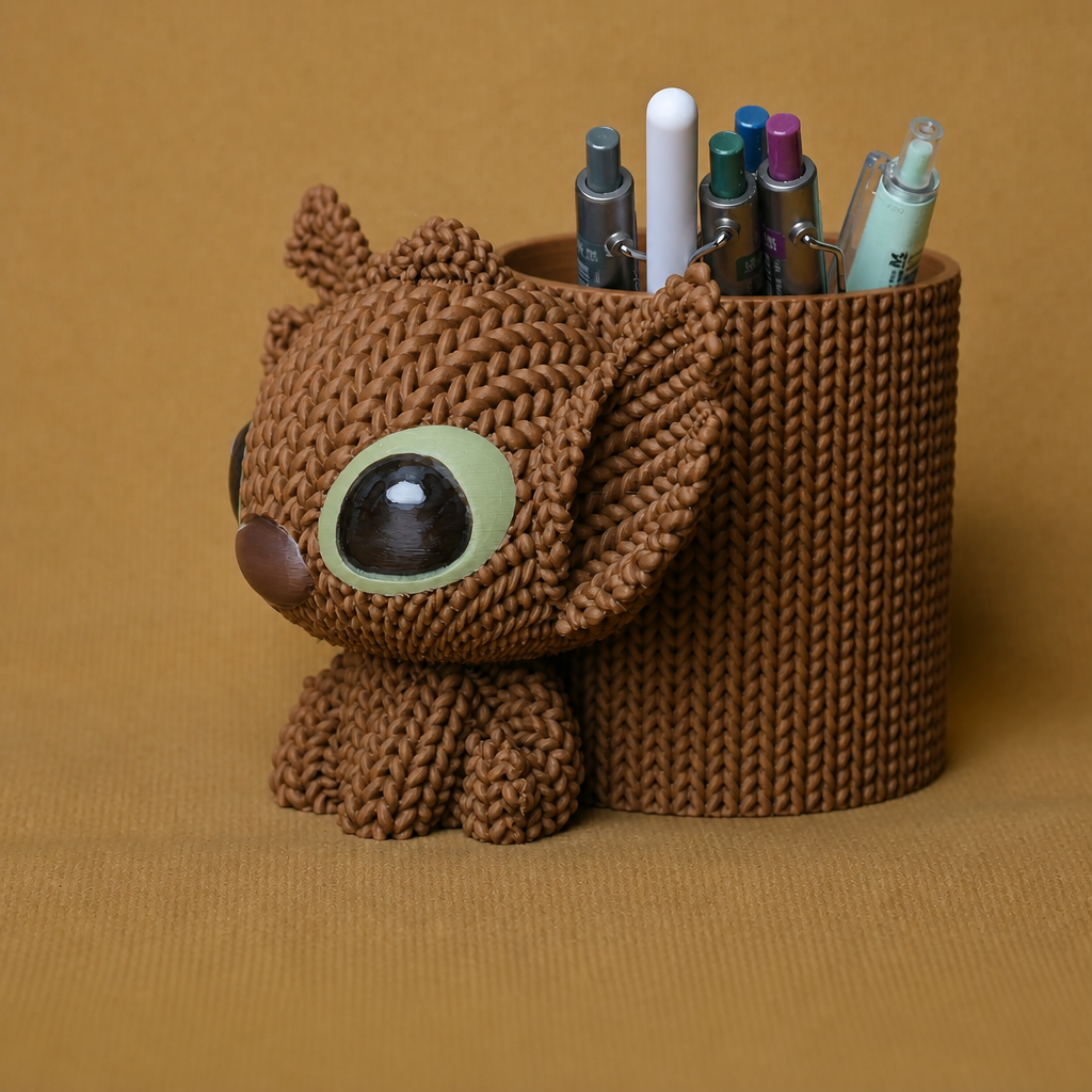 3D Baskı Knitted Kalemlik - Sevimli Karakterli Masaüstü Kalem Organizeri-Kahverengi