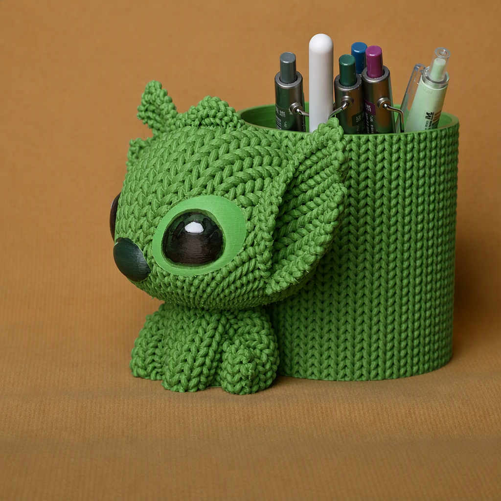 3D Baskı Knitted Kalemlik - Sevimli Karakterli Masaüstü Kalem Organizeri-Yeşil