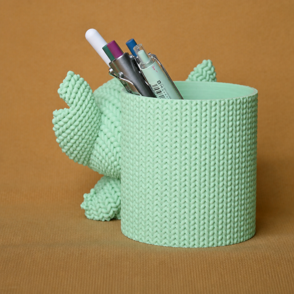 3D Baskı Knitted Kalemlik - Sevimli Karakterli Masaüstü Kalem Organizeri-Mint