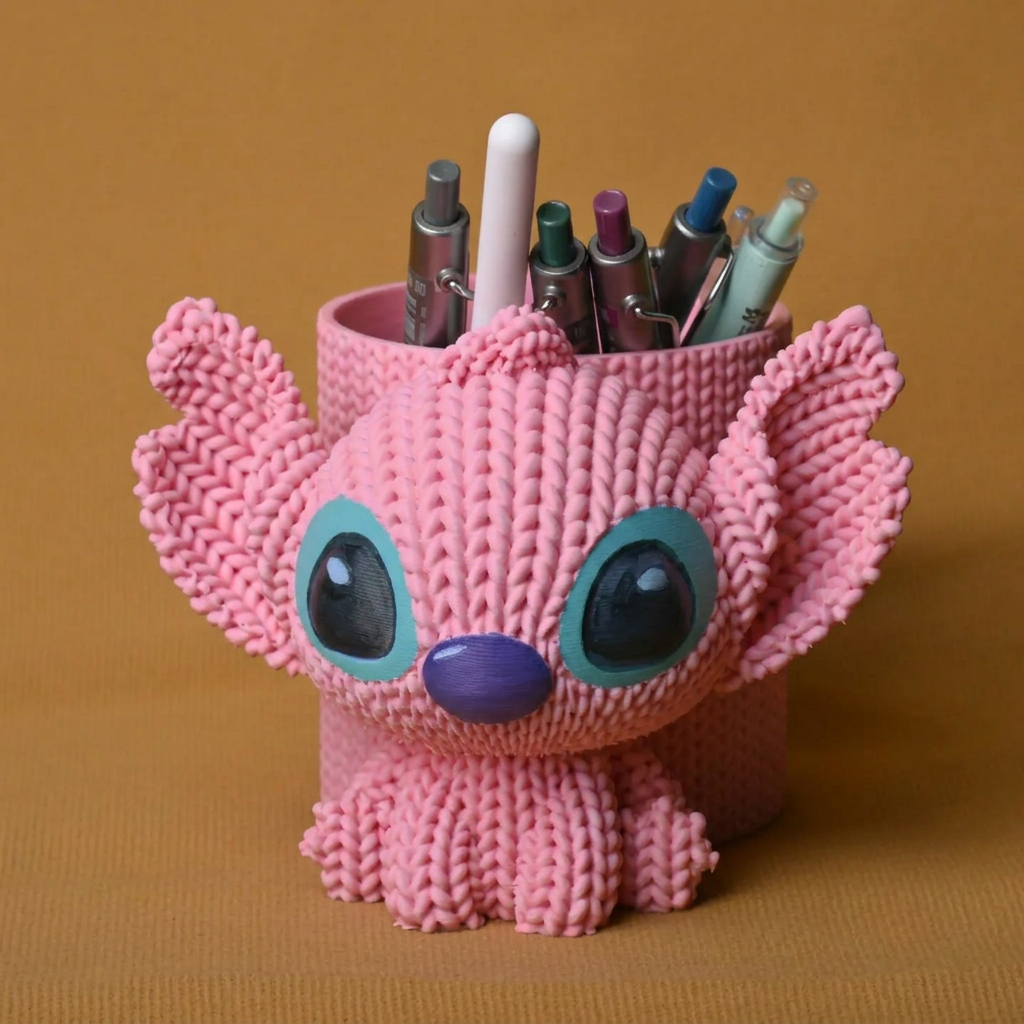 3D Baskı Knitted Kalemlik - Sevimli Karakterli Masaüstü Kalem Organizeri-Pembe