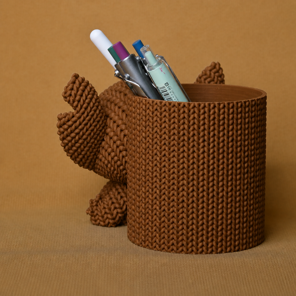 3D Baskı Knitted Kalemlik - Sevimli Karakterli Masaüstü Kalem Organizeri-Kahverengi