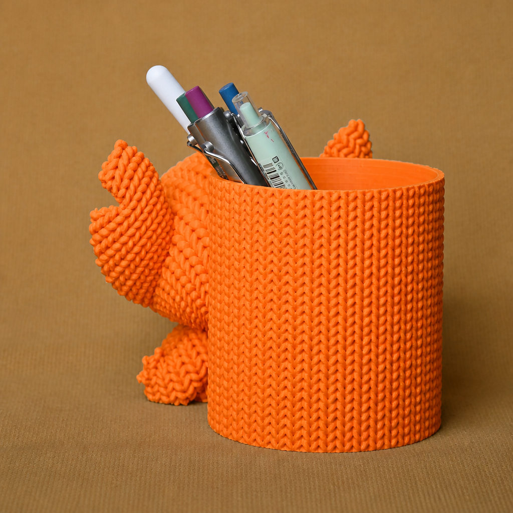 3D Baskı Knitted Kalemlik - Sevimli Karakterli Masaüstü Kalem Organizeri-Turuncu