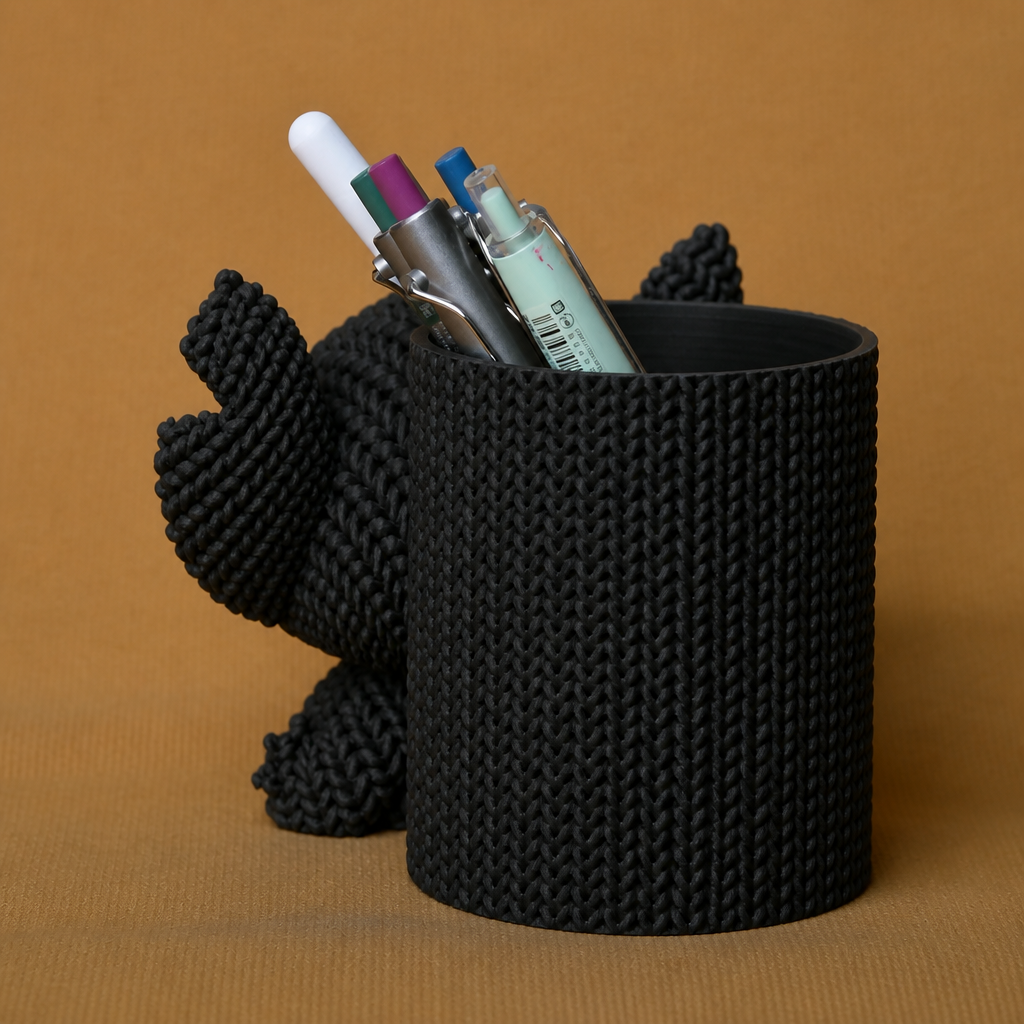 3D Baskı Knitted Kalemlik - Sevimli Karakterli Masaüstü Kalem Organizeri-Siyah