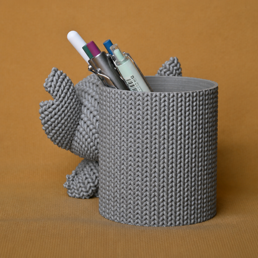 3D Baskı Knitted Kalemlik - Sevimli Karakterli Masaüstü Kalem Organizeri-Gri