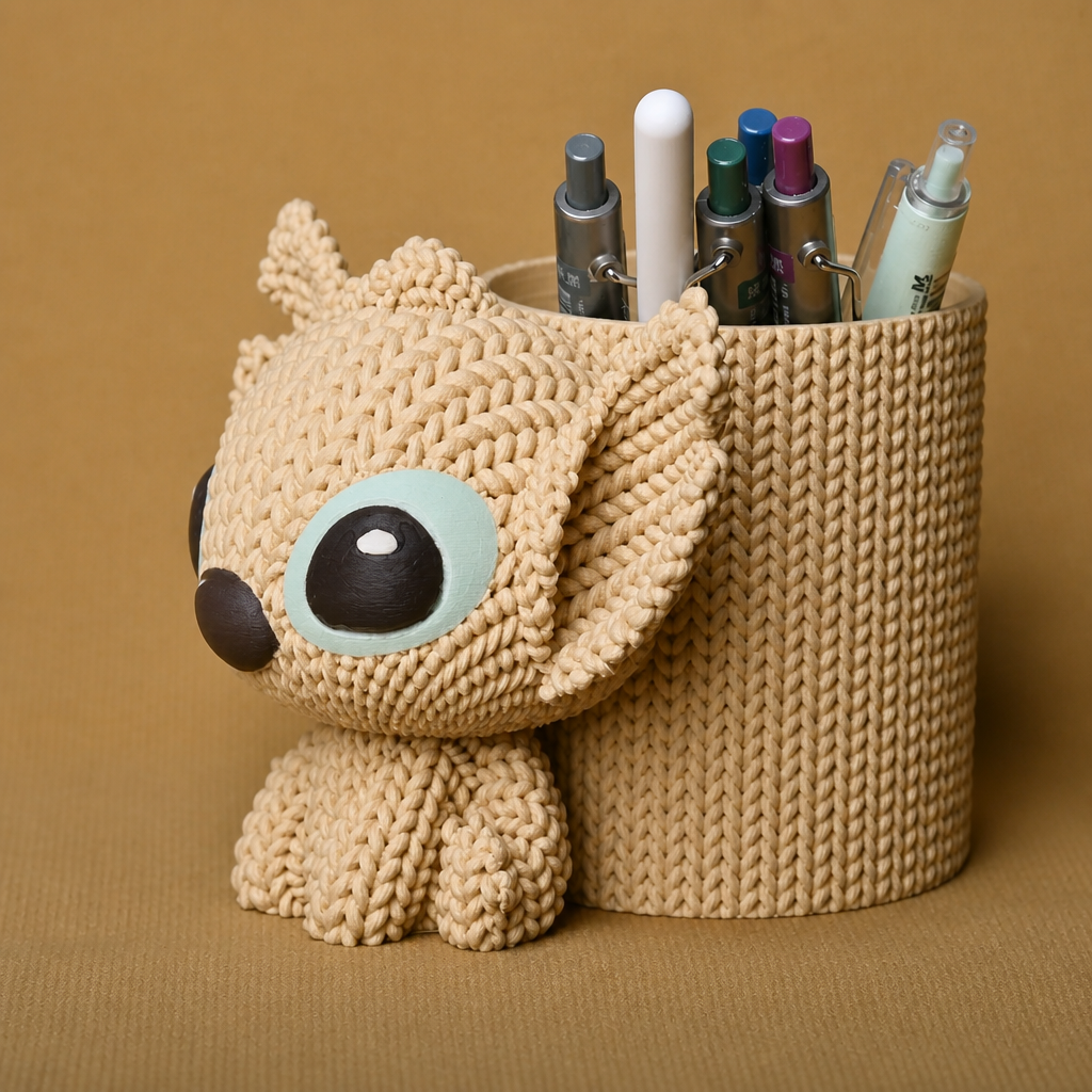 3D Baskı Knitted Kalemlik - Sevimli Karakterli Masaüstü Kalem Organizeri-Bej