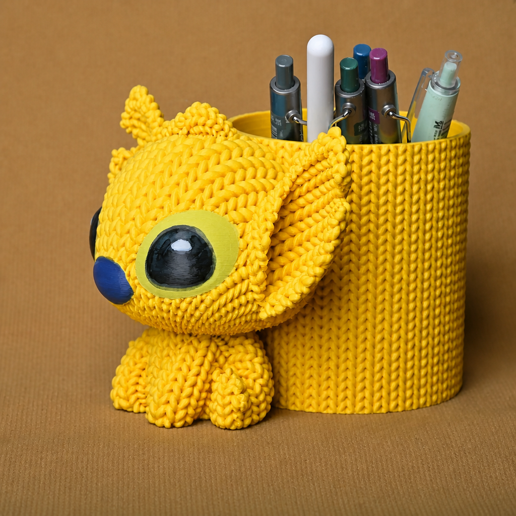 3D Baskı Knitted Kalemlik - Sevimli Karakterli Masaüstü Kalem Organizeri-Sarı