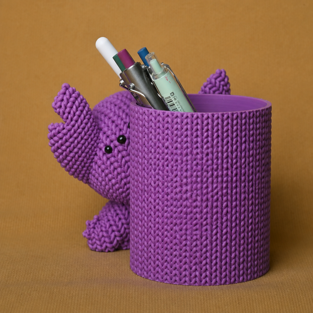 3D Baskı Knitted Kalemlik - Sevimli Karakterli Masaüstü Kalem Organizeri-Mor