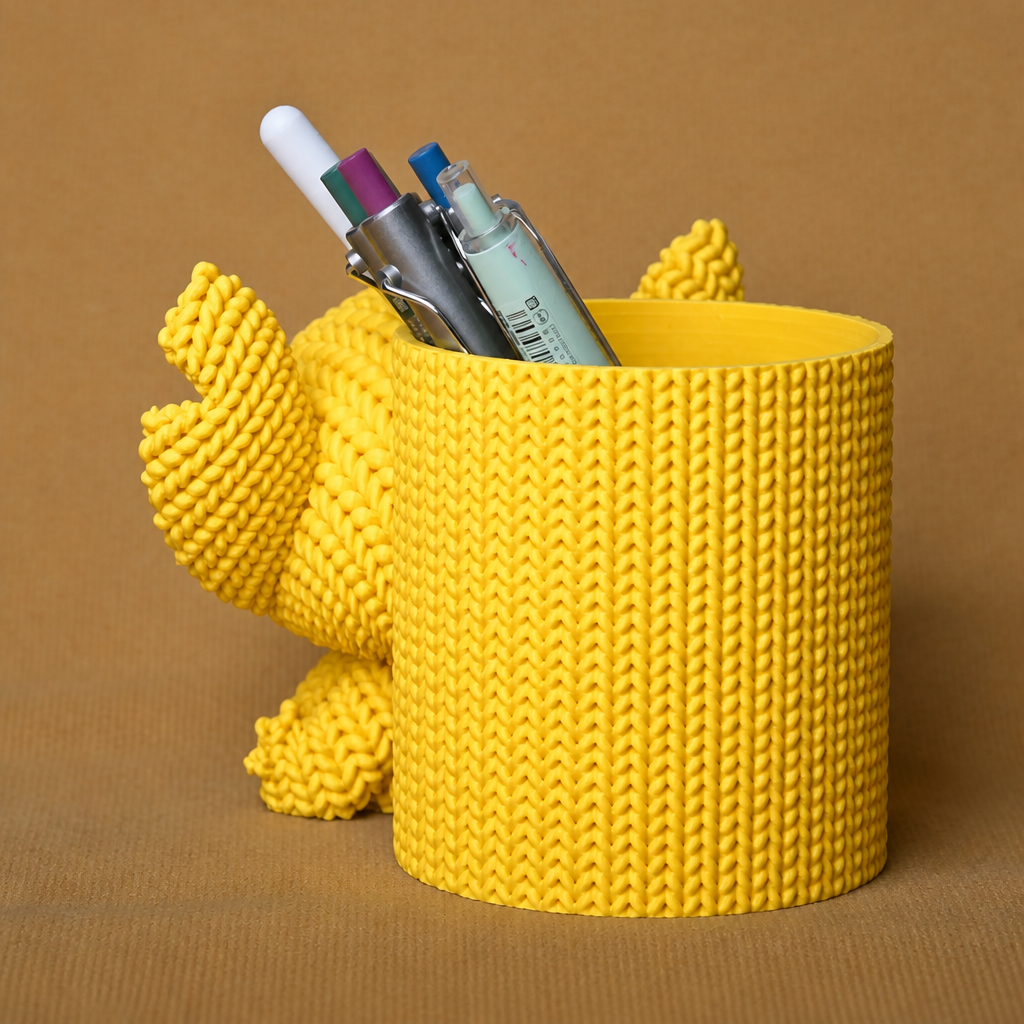3D Baskı Knitted Kalemlik - Sevimli Karakterli Masaüstü Kalem Organizeri-Sarı