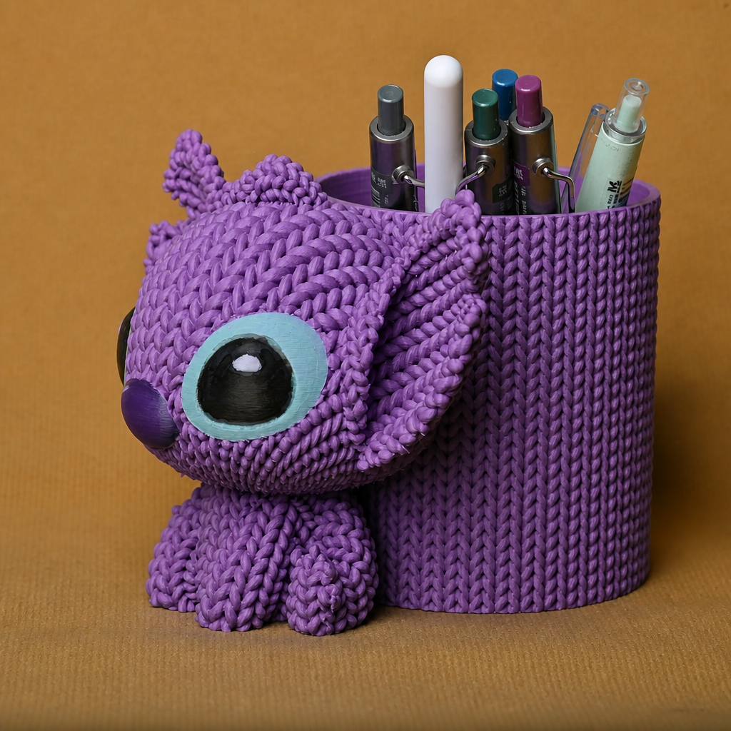 3D Baskı Knitted Kalemlik - Sevimli Karakterli Masaüstü Kalem Organizeri-Mor