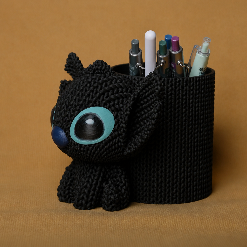 3D Baskı Knitted Kalemlik - Sevimli Karakterli Masaüstü Kalem Organizeri-Siyah