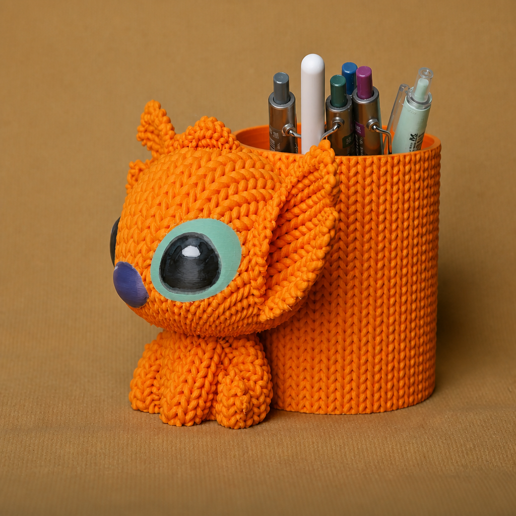 3D Baskı Knitted Kalemlik - Sevimli Karakterli Masaüstü Kalem Organizeri-Turuncu