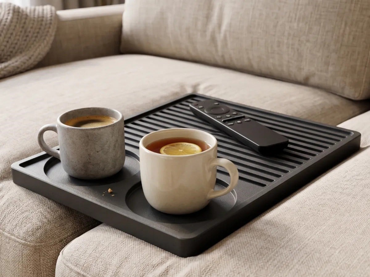 3D Baskı Koltuk Kenarı Çay Kahve Tepsisi Çizgili Kumandalıklı Bardak Yuvalı Kanepe Sehpası Siyah