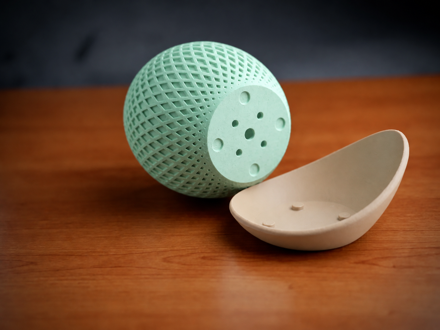 3D Baskı Küre Saksı - Kafes Dokulu İki Parçalı Dekoratif Saksı - Mint-Bej