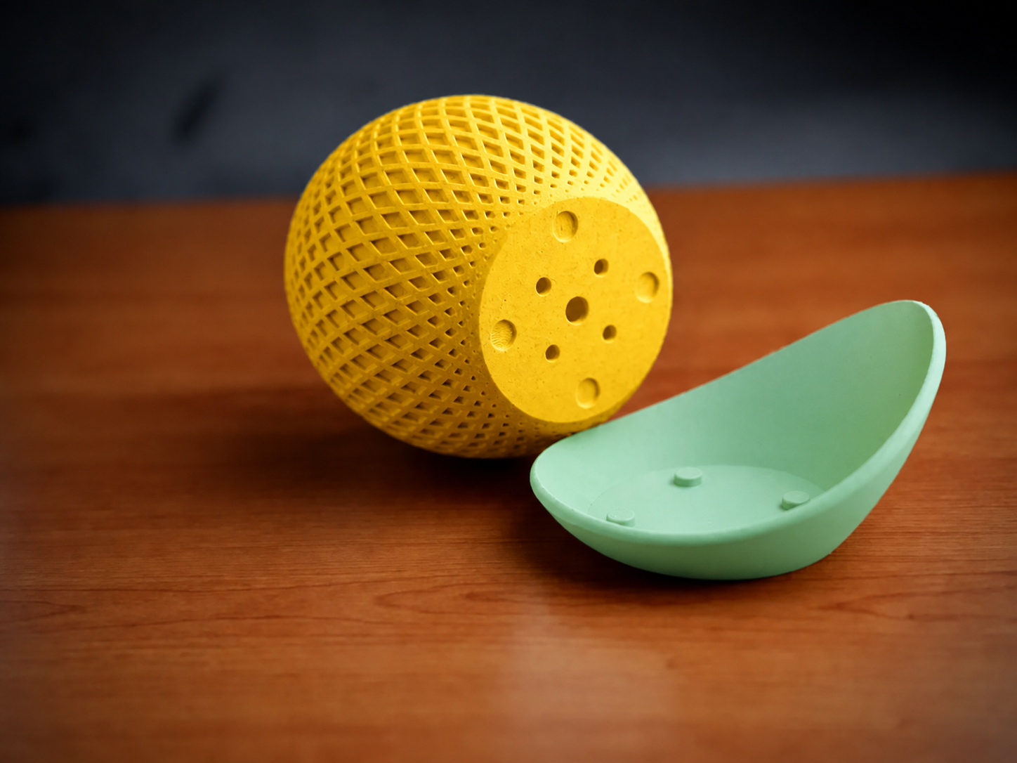 3D Baskı Küre Saksı - Kafes Dokulu İki Parçalı Dekoratif Saksı - Sarı-Mint