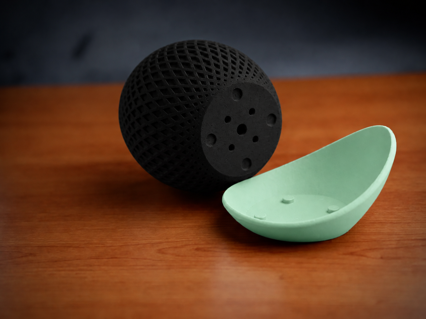 3D Baskı Küre Saksı - Kafes Dokulu İki Parçalı Dekoratif Saksı - Siyah-Mint