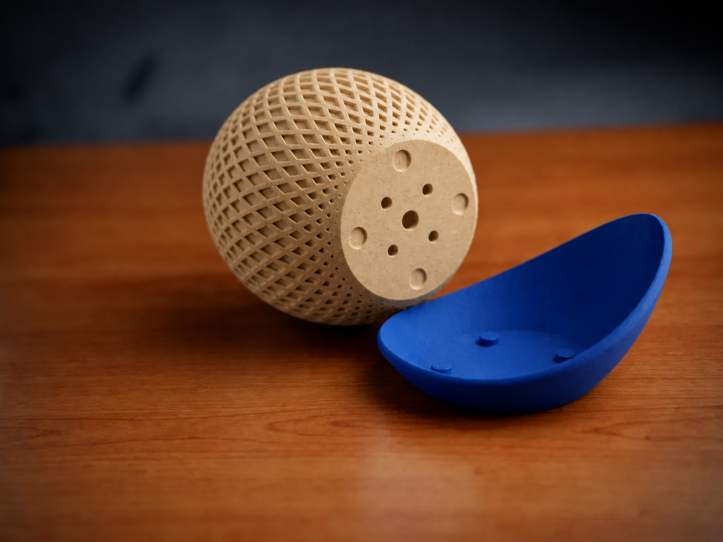 3D Baskı Küre Saksı - Kafes Dokulu İki Parçalı Dekoratif Saksı - Bej-Mavi