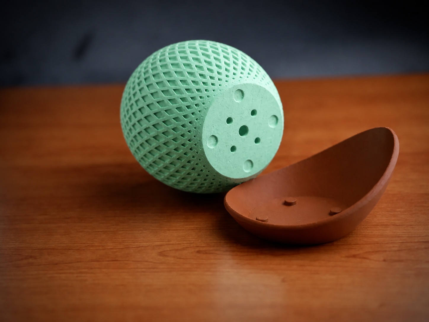 3D Baskı Küre Saksı - Kafes Dokulu İki Parçalı Dekoratif Saksı - Mint-Kahverengi