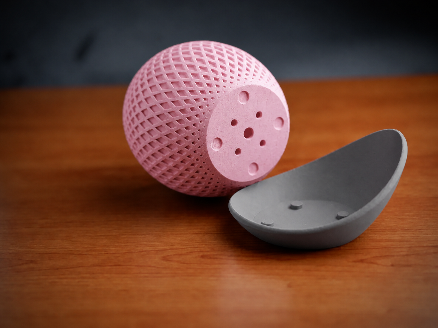 3D Baskı Küre Saksı - Kafes Dokulu İki Parçalı Dekoratif Saksı - Pembe-Gri