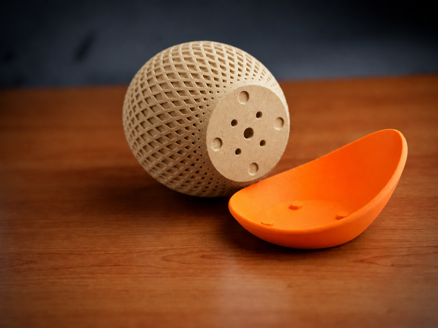 3D Baskı Küre Saksı - Kafes Dokulu İki Parçalı Dekoratif Saksı - Bej-Turuncu