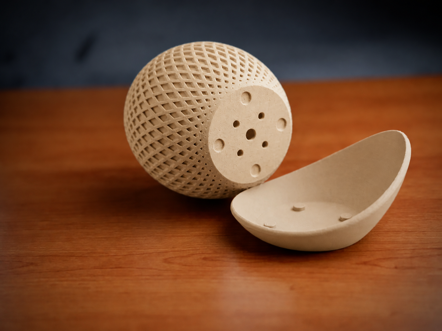 3D Baskı Küre Saksı - Kafes Dokulu İki Parçalı Dekoratif Saksı - Bej-Bej