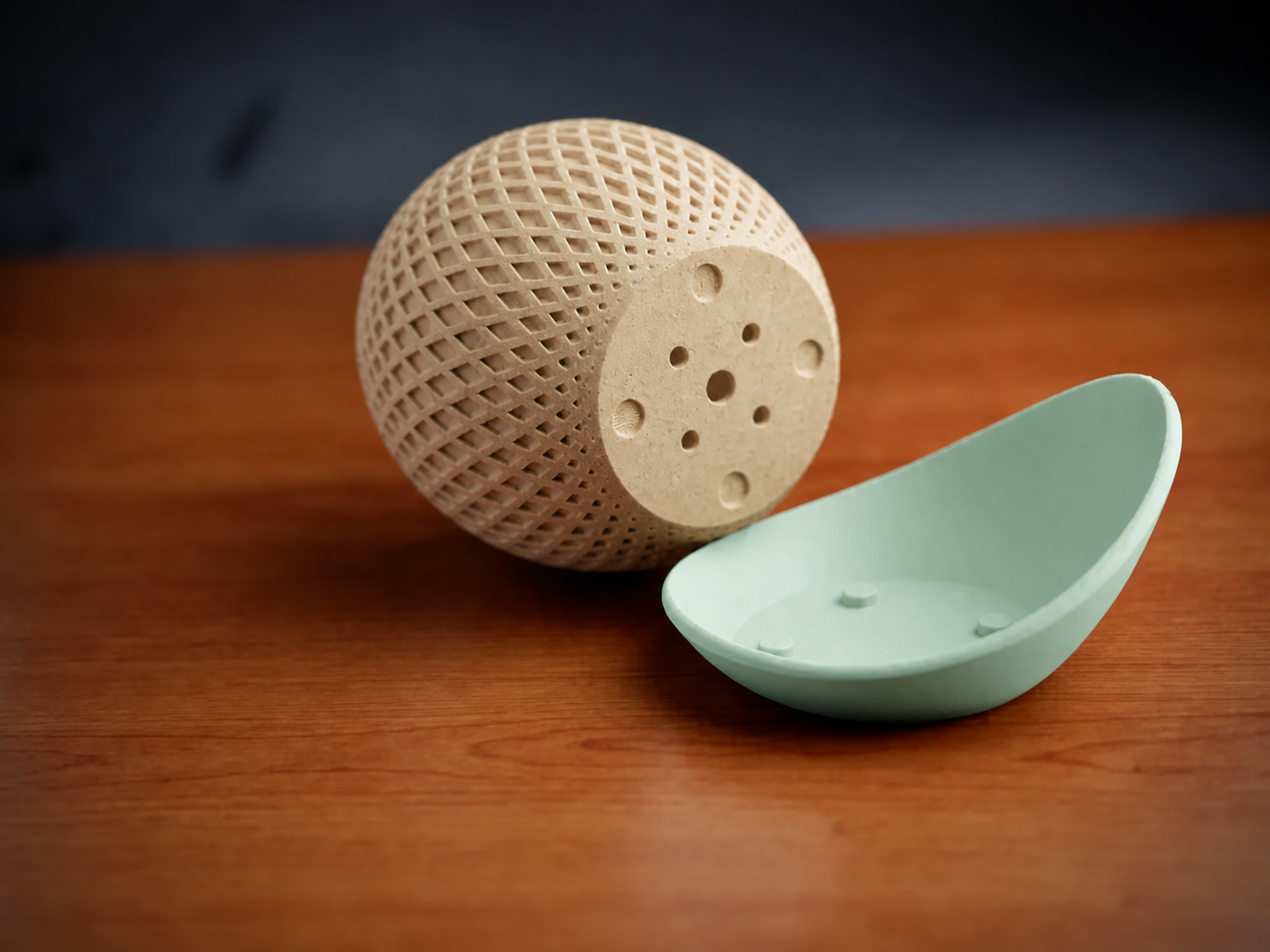 3D Baskı Küre Saksı - Kafes Dokulu İki Parçalı Dekoratif Saksı - Bej-Mint