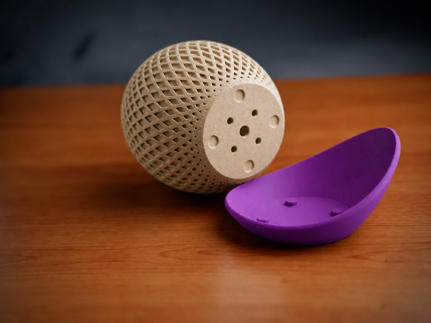 3D Baskı Küre Saksı - Kafes Dokulu İki Parçalı Dekoratif Saksı - Bej-Mor