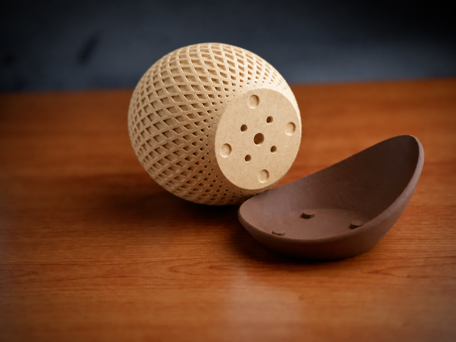 3D Baskı Küre Saksı - Kafes Dokulu İki Parçalı Dekoratif Saksı - Bej-Kahverengi