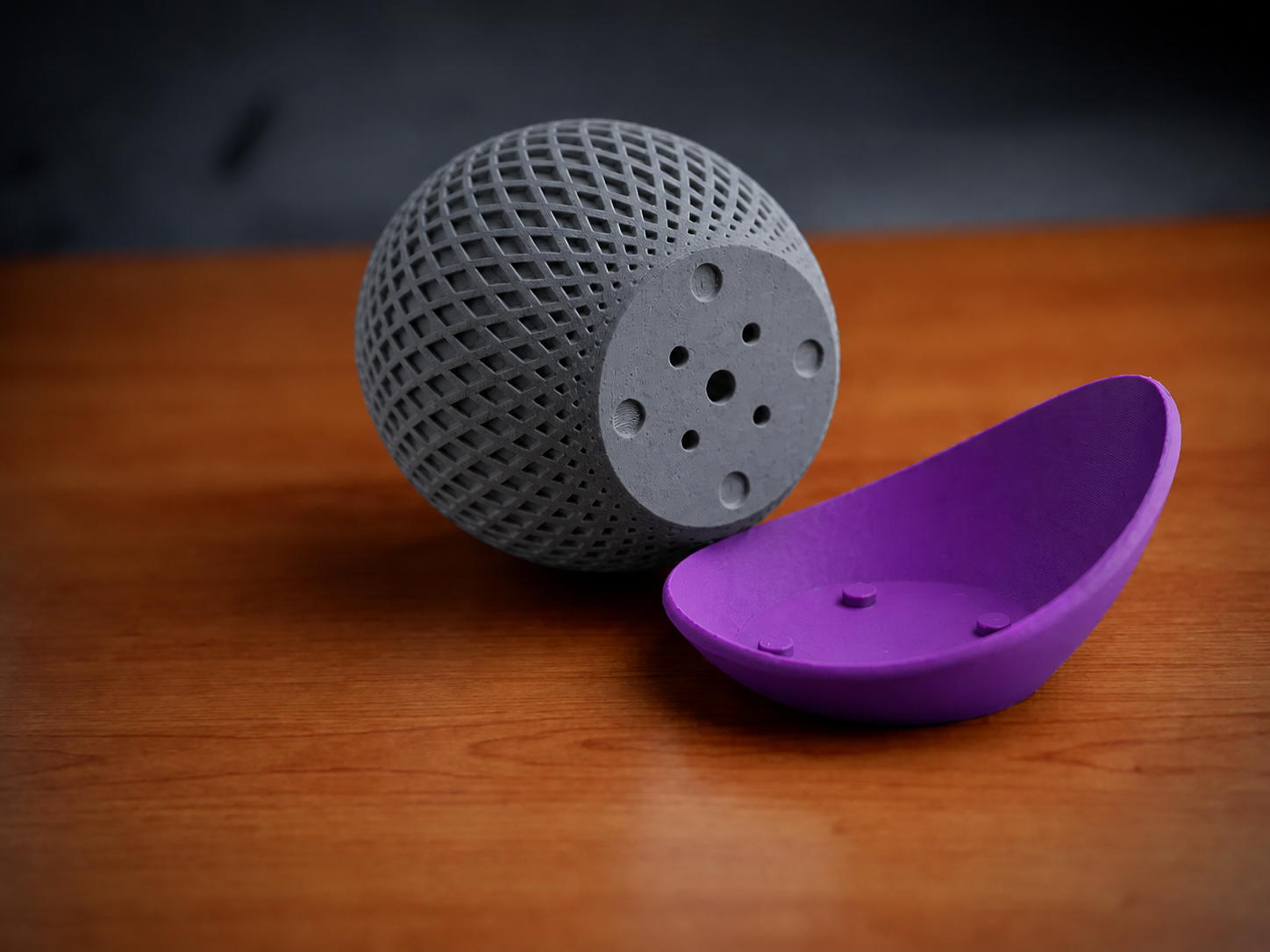 3D Baskı Küre Saksı - Kafes Dokulu İki Parçalı Dekoratif Saksı - Gri-Mor