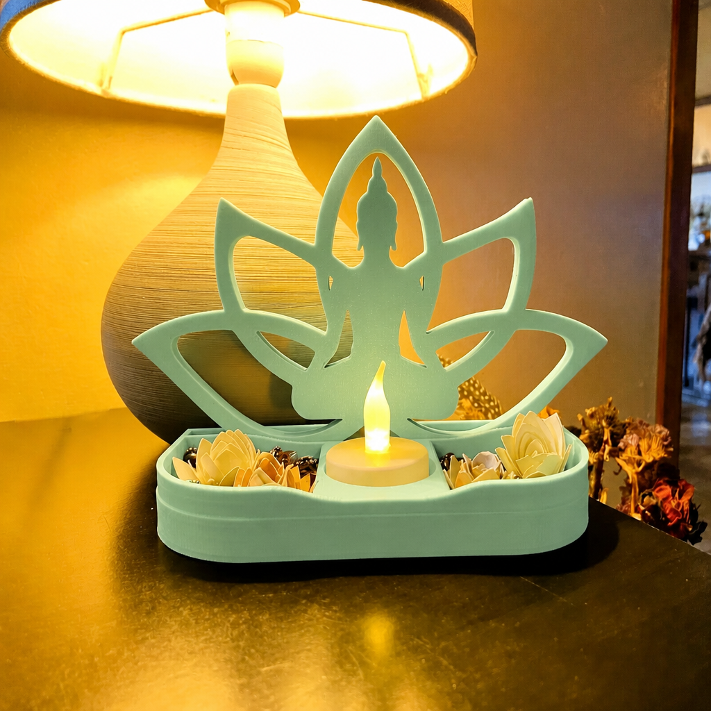 3D Baskı Lotus Buda Mumluk - Dekoratif Tealight Mumluk-Mint