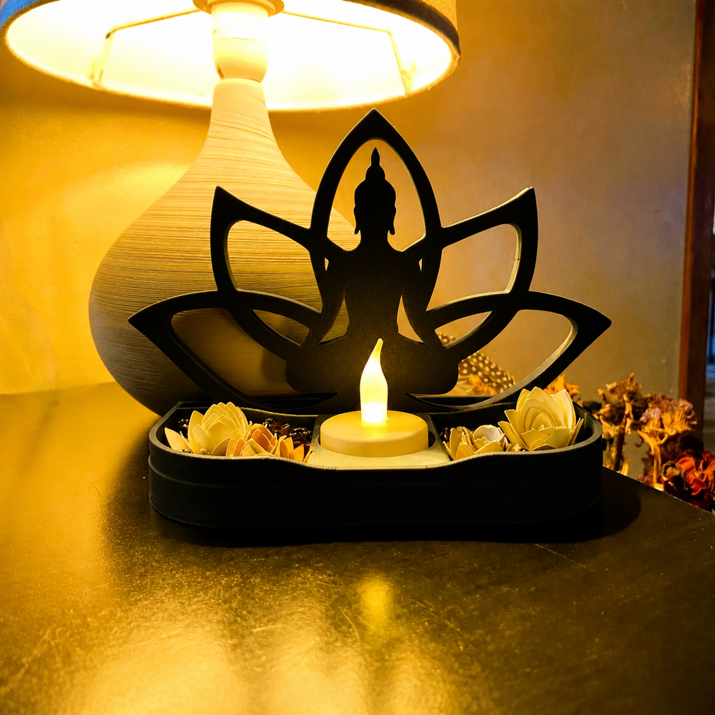3D Baskı Lotus Buda Mumluk - Dekoratif Tealight Mumluk-Siyah