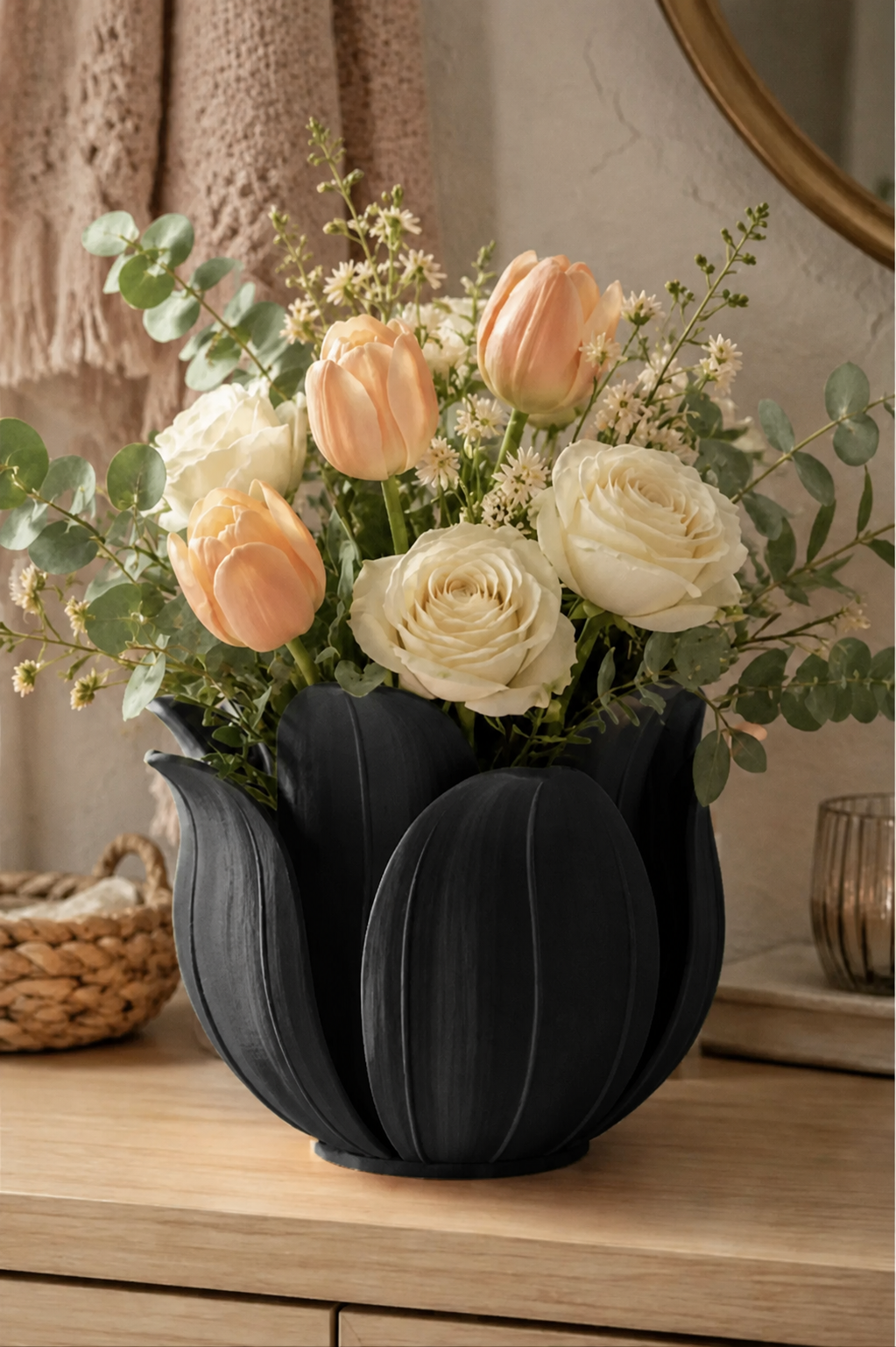 3D Baskı Lotus Yapraklı Vazo - Dekoratif Çiçeklik-Siyah