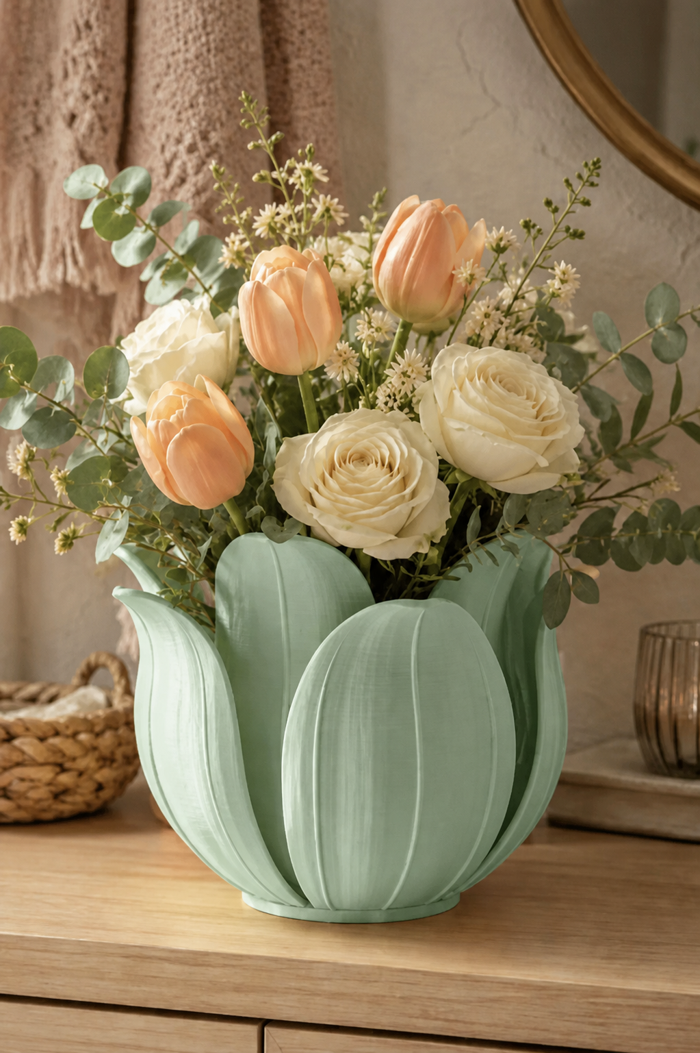 3D Baskı Lotus Yapraklı Vazo - Dekoratif Çiçeklik-Mint