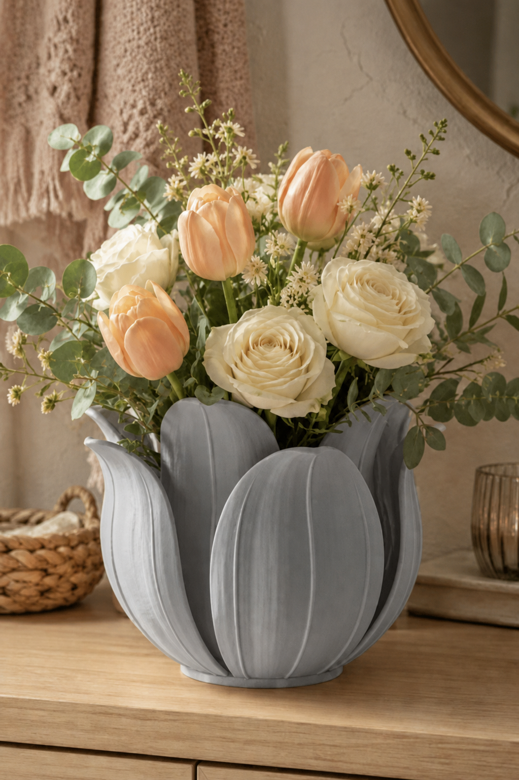 3D Baskı Lotus Yapraklı Vazo - Dekoratif Çiçeklik-Gri