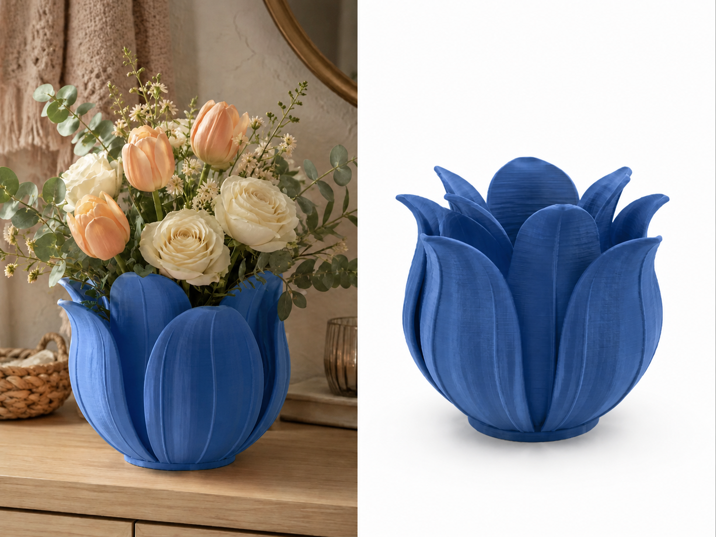 3D Baskı Lotus Yapraklı Vazo - Dekoratif Çiçeklik-Mavi