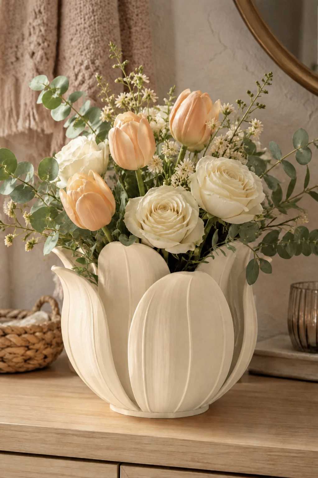 3D Baskı Lotus Yapraklı Vazo - Dekoratif Çiçeklik-Bej