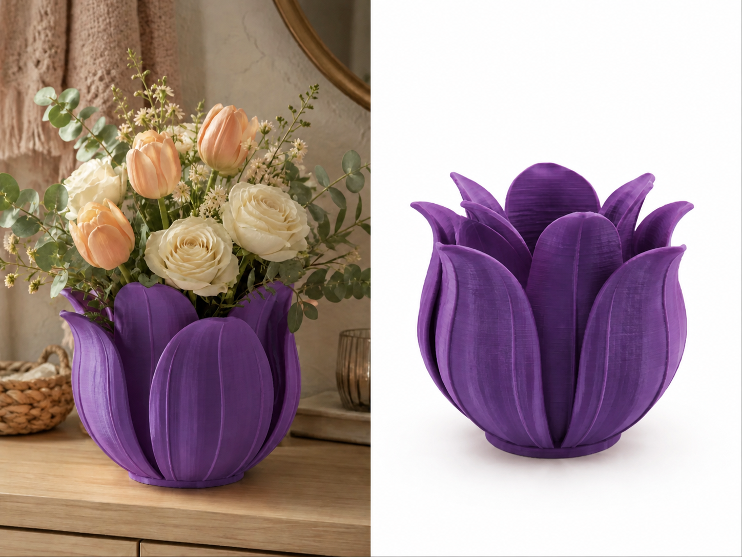 3D Baskı Lotus Yapraklı Vazo - Dekoratif Çiçeklik-Mor