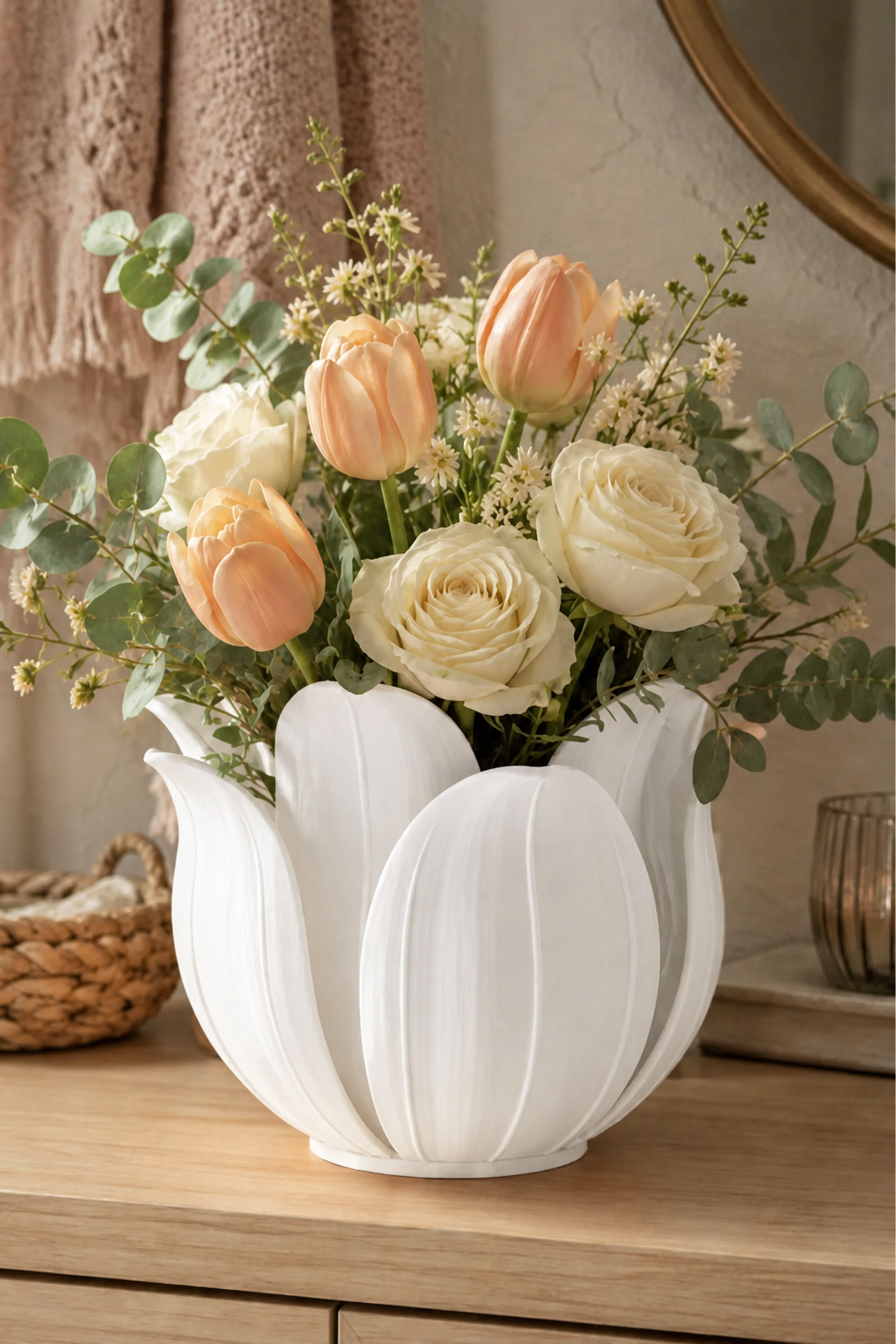 3D Baskı Lotus Yapraklı Vazo - Dekoratif Çiçeklik-Beyaz