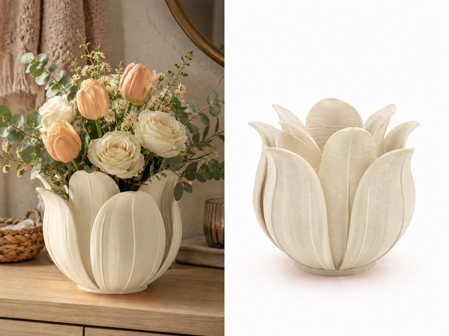3D Baskı Lotus Yapraklı Vazo - Dekoratif Çiçeklik-Bej